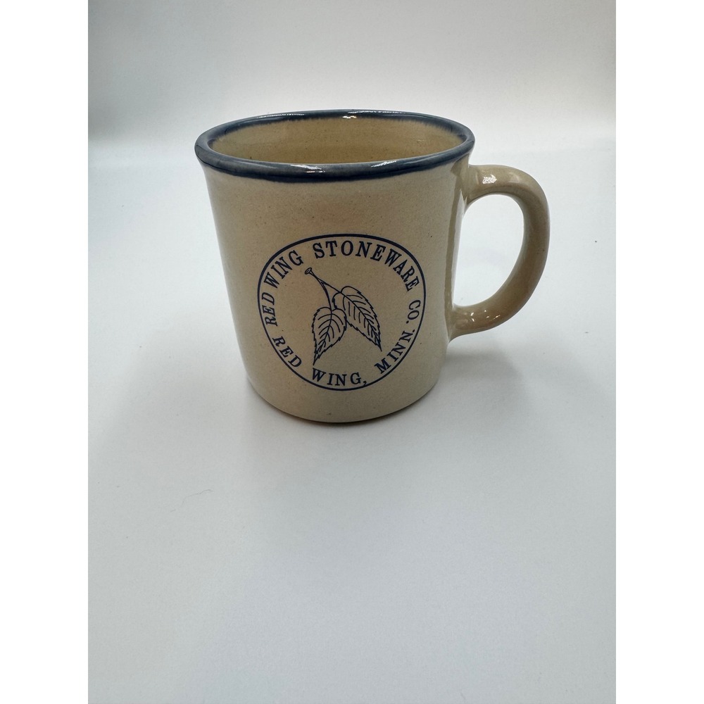 Red Wing Stoneware Co Birch Leaf Coffee Mug Blue Rim Tan Salt Glaze Minnesota